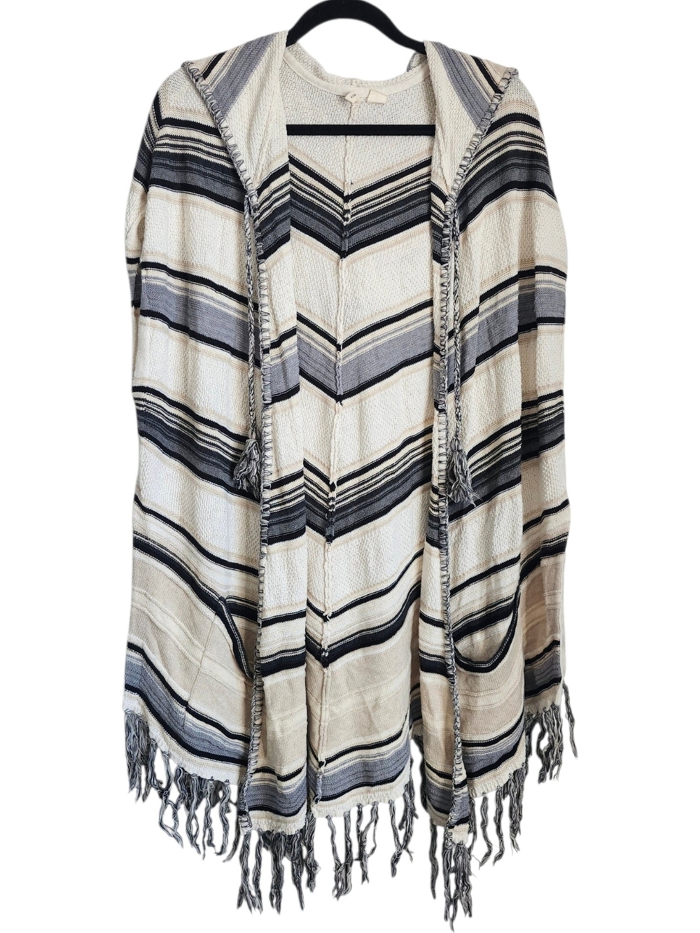 Moth Hooded Fringe Cardigan Women's XS/S Cream Gray Striped Open Front Boho Knit